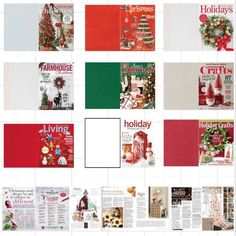 a collage of magazines with christmas decorations and holiday cards on them, all in different colors