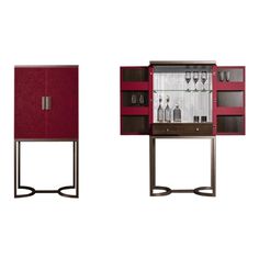 two cabinets with wine glasses on them and one has a glass cabinet in the middle