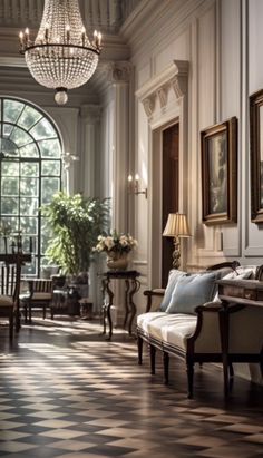 a living room filled with furniture and a chandelier hanging from the ceiling over a checkered floor