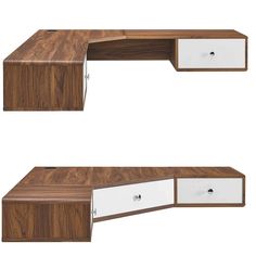 two wooden desks with white drawers on each side and one in the same color