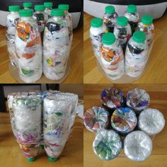 there are many plastic bottles that have been filled with trash and other things in them