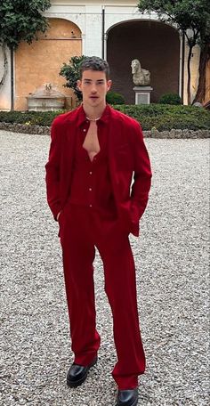 Mens All Red Outfit, Red Prom Outfit Men, Aesthetic Red Outfits Men, Red Suit Men Aesthetic, Mens Valentines Day Outfit, Red Suit Men, Prom Men, Grad Outfits, High Fashion Men