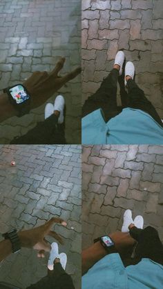 four different shots of someone laying on the ground with their cell phones in their hands