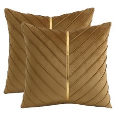 two brown pillows with gold piping on the sides and one is made out of velvet