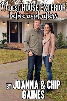 a man and woman standing in front of a house with the words best house exterior before and afters