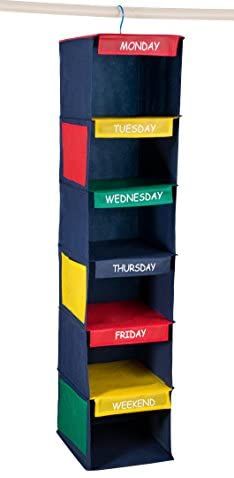 a multi - tiered shelf with five different colored boxes hanging from it's sides