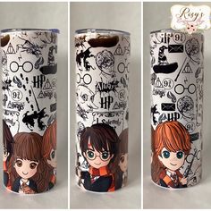 two harry potter mugs are shown in three different angles