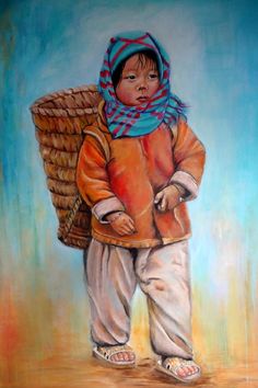 a painting of a child carrying a basket