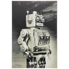 a black and white photo of a robot