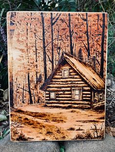 Original wood-burning / pyrography art of a cabin in the autumn woods. Sketched onto a white-pine board and then burned into it using pyrography tools. Stained and sealed with oil for protection and preservation. Wood Burned Furniture, Wood Burning Farmhouse Decor, Wood Burning Art Ideas, Christmas Woodburning Ideas, Fall Pyrography, Diy Wood Burning Projects, Wood Burning Patterns Free, Pyrography Ideas Inspiration, Winter Pyrography