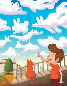 a boy pointing at an orange cat in front of some white clouds and blue sky