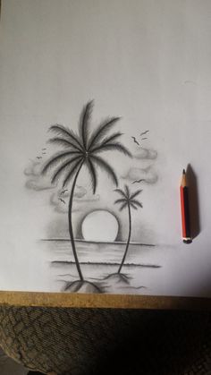 a pencil drawing of a palm tree and the ocean