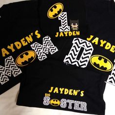 Set Of 4 Shirts: Mom, Dad, Birthday Child, Little/Big Sister/Brother The Mom, Dad, Sister/Brother Shirts All Have The Batman Symbol As Well As The Birthday Child's Name Above It. The Birthday Child's Shirt Will Have Their Age In White With A Small Batman Symbol, A Batman Graphic On The Lower Right Of The Number And The Child's Name Underneath In Yellow. Comment Specifics Before Ordering So Custom Listing Can Be Made. Additional Sibling Shirts Available 100% Heavy Pre Shrunk Cotton The Batman Symbol, Batman Symbol, Family Birthday Shirts, Custom Matches, Boys Sleepwear, Sibling Shirts, Brother Shirts, 10% Happier, Family Birthday