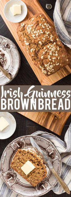 a loaf of irish brown bread on a plate with butter and other items around it