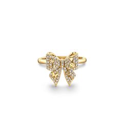 14k yellow gold and diamond bow ring featuring some of our most iconic icons. The box measures appx. 1/2"H x 1/2"W. 14k yellow gold band. 14k Gold Bow Jewelry, Gold Butterfly Ring For Formal Occasions, Gold Butterfly Ring With Diamond Accents For Formal Occasions, Gold Butterfly Ring In 14k Gold Fine Jewelry, Yellow Gold Butterfly Ring For Anniversary, Gold Luxury Butterfly Ring For Formal Occasions, Luxury 14k Gold Butterfly Ring For Anniversary, Luxury Gold Butterfly Ring For Formal Occasions, Gold Butterfly Ring For Anniversary