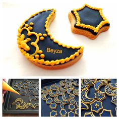 the cookies are decorated with royal blue and gold icing, along with an intricate design