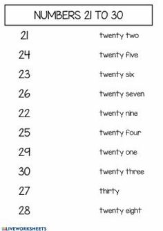 the numbers to 30 worksheet is shown