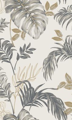 an image of a wallpaper with leaves and plants in grey, gold and white