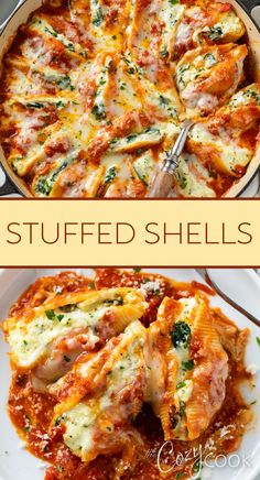 two pictures with different types of stuffed shells in them and the words stuffed shells on top