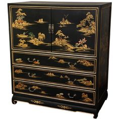 An outstandingly well-crafted, exceptionally beautiful design high boy chest, handcrafted from solid kiln-dried Philippine Mahogany and engineered Philippine Mahogany laminates. Exceptionally well finished, with a fine quality, medium gloss, 12 coat black lacquer, then decorated with an elegant, delicately beautiful gold painted mountain temple landscape design Ming dynasty era art motif. Beautifully finished inside and out, an heirloom quality oriental style bedroom cabinet. Bungalow Rose | Bun Lacquer Dresser, Tallboy Dresser, Lacquer Furniture, Asian Furniture, Dresser Furniture, Bedroom Cabinets, Shabby Chic Dresser, Reverse Painted, Elegant Bedroom