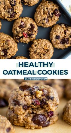 healthy oatmeal cookies stacked on top of each other with text overlay