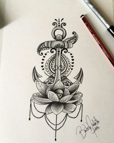 a drawing of an anchor with flowers and pearls on the bottom, surrounded by water lilies