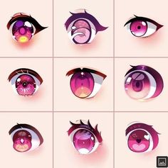 the different types of eyes are shown in this set, including pink and purple colors