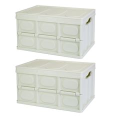 two white plastic storage boxes with lids