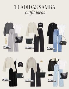 Black And White Minimalist Outfit, Outfits To Go With Adidas Sambas, Trousers Outfit For Women Casual, Outfit Ideas For Italy In November, Black Hokas Outfit, Trip To Nyc Outfit, Adidas Samba With Leggings, Winter Outfit With Samba Adidas, Sambas With Dress Outfit