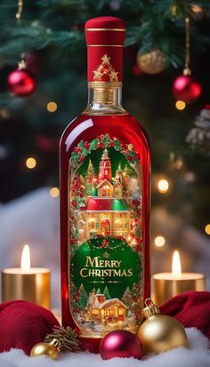 a bottle of merry christmas gin in front of a christmas tree with candles and ornaments