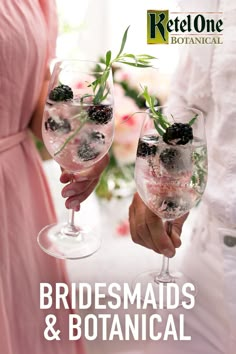 bridesmaids and botanical cocktails in wine glasses