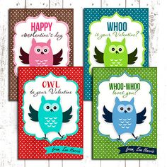 four greeting cards with owls on them and the words happy valentine's day, owl who