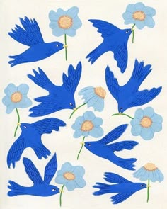 blue birds and flowers on a white background