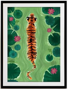 a painting of a tiger swimming in water surrounded by lily pads and green grass with pink flowers