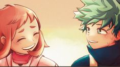 two anime characters one with green hair and the other red, smiling at each other