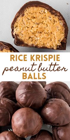 chocolate covered peanut butter balls with the words rice krispie peanut butter balls on top