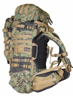 a large backpack with multiple compartments and straps on the front is shown in camouflage print