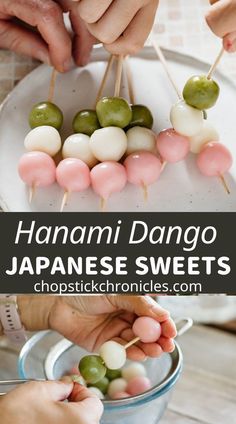 Hanami dango are dumplings made to celebrate the arrival of spring in Japan. The dumplings are often served with green tea. This hanami dango recipe shows how to make hanami dango from shiratamako. #hanamidango #Japanesedessert #Japaneserecipe #easyjapaneserecipe #Japanesesweets #dango #threecoloreddango #sanshokudango