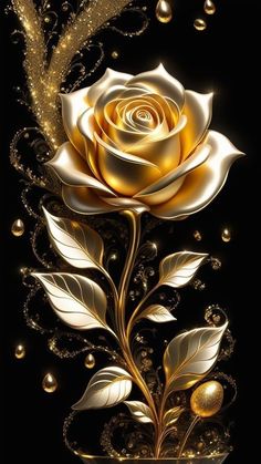 a golden rose with leaves and bubbles on a black background