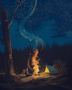 a painting of two people sitting under a tree at night with the stars in the sky