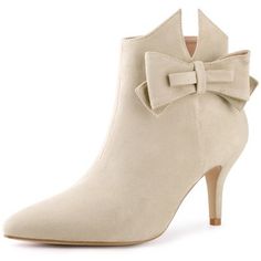 A slim, clean-lined silhouette featuring a pointy toe and setback stiletto makes this ankle boot perfect for adding a finishing touch to your look. Ankle Boots; Pointed Toe; Stiletto Heel; Bow Decorate; Vamp: Faux Suede; Outsole: Rubber; Heel: ABS; Heel Height: 3 inches, Shaft Height: 4 3/4 inches. Please check your size to make sure the item fits before ordering. Elegant Ankle-high Heels With Zipper Closure, Elegant Ankle Boot Heels With Zipper Closure, Elegant Heels With Zipper Closure, Beige Pointed Toe Boots With Zipper Closure, Elegant Pointed Toe Heeled Boots With Zipper, Beige Pointed Toe Party Boots, Beige Pointed Toe Heeled Boots For Evening, Beige Pointed Toe Heeled Boots For Party, Chic Pointed Toe Boots With Zipper Closure