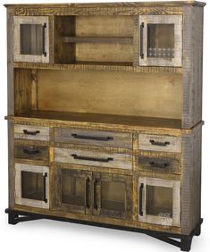 an old wooden cabinet with glass doors and drawers