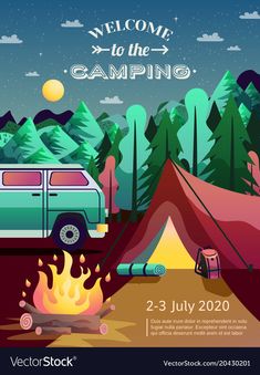 a camping poster with a camper and tent in the woods