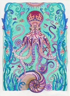 an octopus is surrounded by seaweed and other marine creatures in blue, pink, and purple