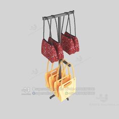 two red bags hanging from a metal frame on a gray background with text that reads, the