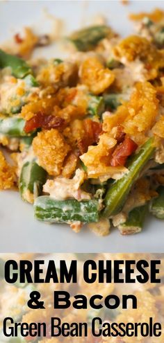 a close up of a plate of food with bacon and green bean casserole