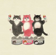 three cats standing on top of two cans of cat food and one is holding an ice cream cone