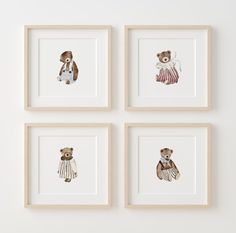 four framed pictures with teddy bears on them