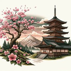 Pagoda Japan, Japan Bento, Japanese Back Tattoo, Temple Tattoo, Japanese Town, Geisha Art, Japanese Temple, Emoji Photo