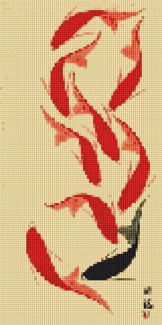 a cross stitch pattern with red and black designs